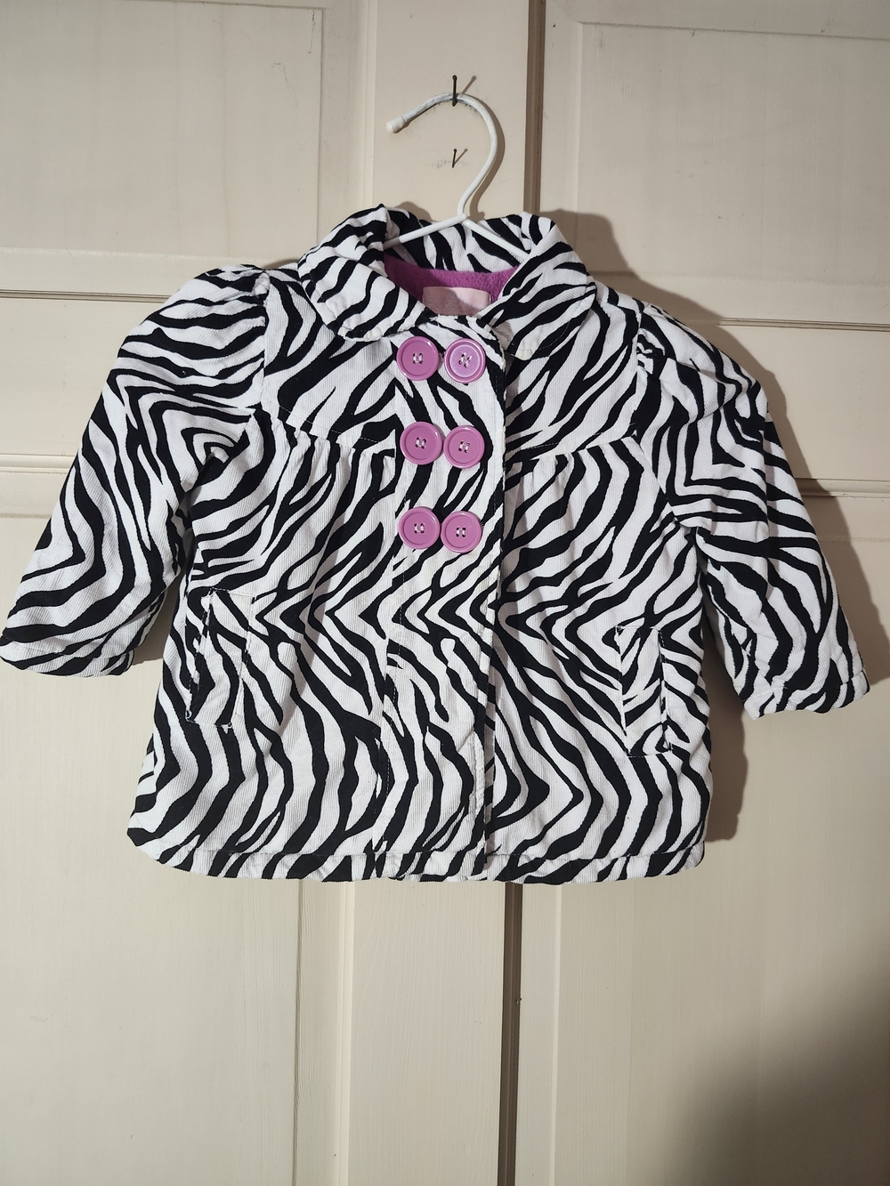 Kids Zebra-Print Pea Coat with Pink Button Accents